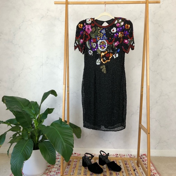 Vintage 80s Floral Sequin Formal Party Prom Dress - Picture 1 of 8